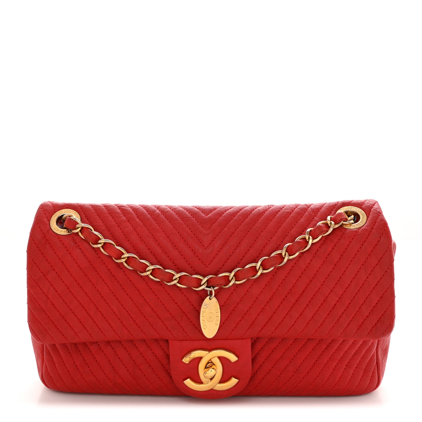 Wrinkled Lambskin Chevron Quilted Medium Flap Red