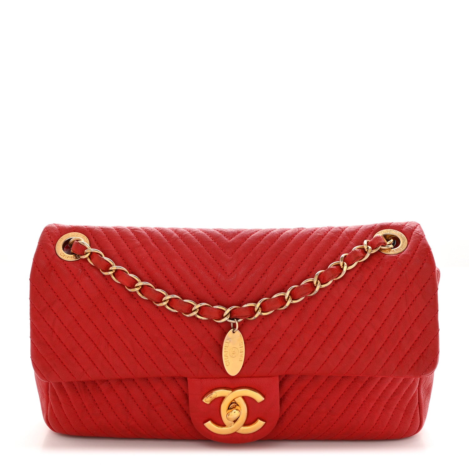 Chanel Wrinkled Lambskin Chevron Quilted Medium Flap Red 1 of 10