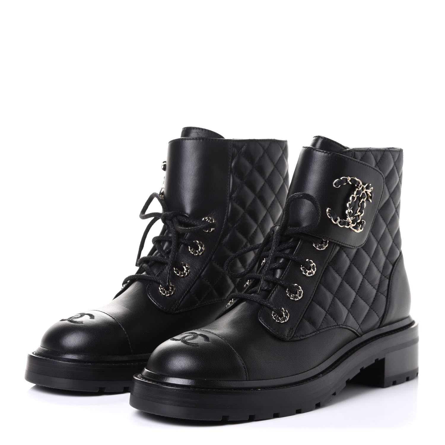 Chanel Shiny Lambskin Quilted Lace Up Combat Boots 40 Black 3 of 11