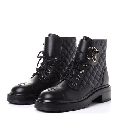 Chanel Shiny Lambskin Quilted Lace Up Combat Boots 40 Black 3 of 11