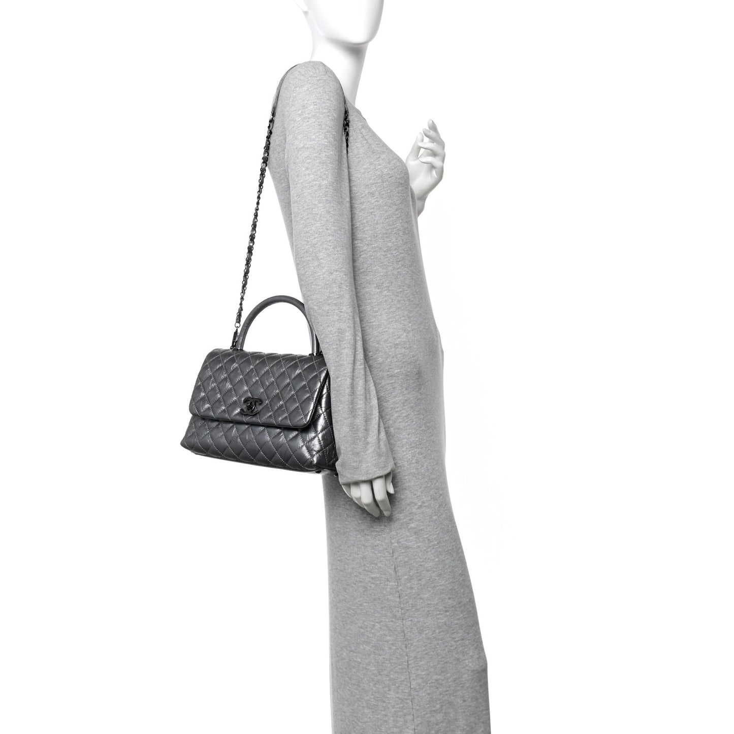 Metallic Aged Calfskin Quilted Small Coco Handle Flap Charcoal