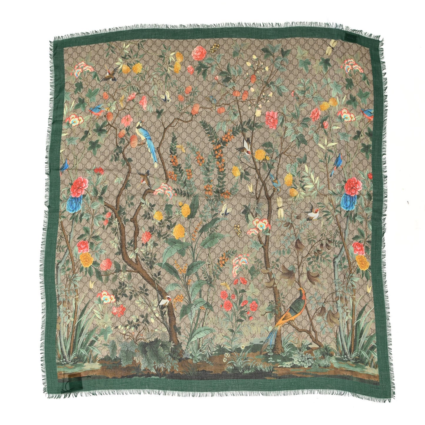 Modal Silk GG Monogram GG Tian Shawl Scarfl Green Dark Green