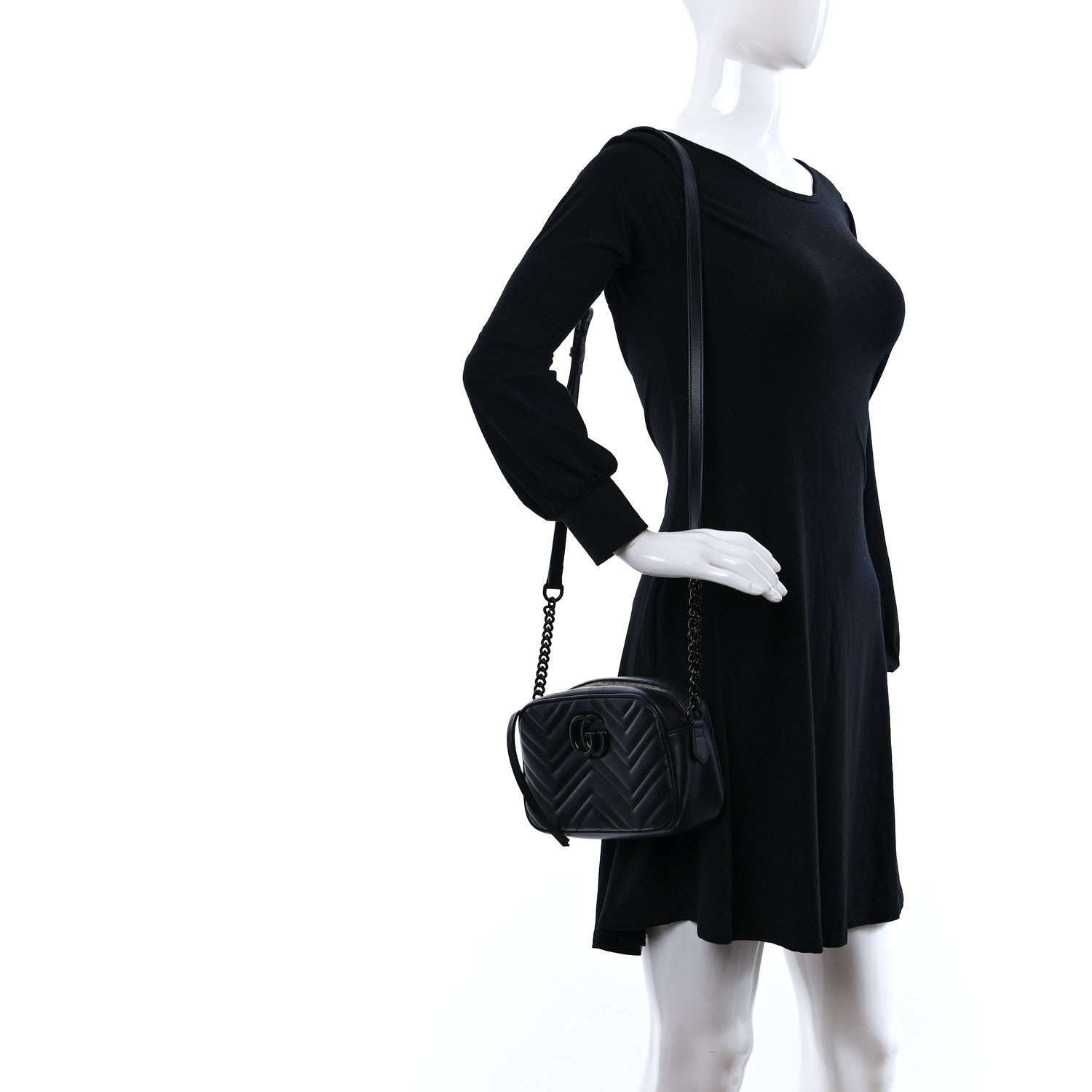 Gucci Calfskin Matelasse Monochrome Small GG Marmont Chain Shoulder Bag Black 2 of 12