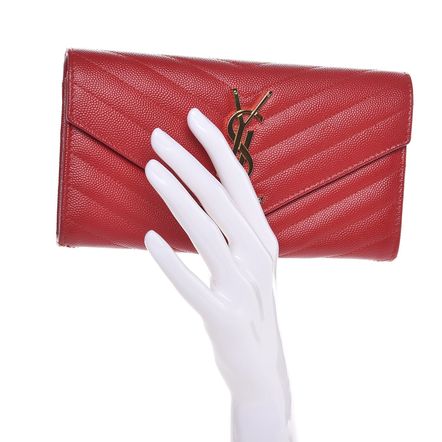 Saint Laurent Grain De Poudre Matelasse Chevron Monogram Flap Wallet Red 2 of 8