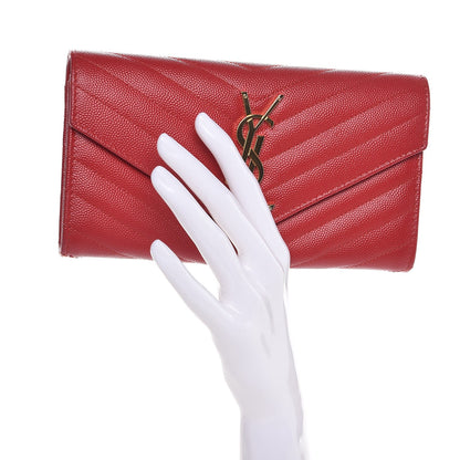 Saint Laurent Grain De Poudre Matelasse Chevron Monogram Flap Wallet Red 2 of 8