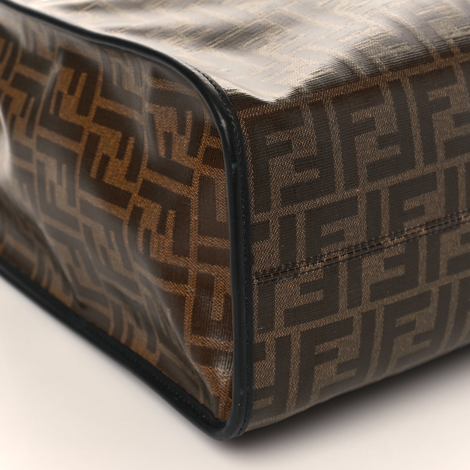 Fendi Glazed Fabric Vitello Century Plexiglass FF 1974 Stamp Patch Medium Runaway Shopper Tote Mogano Panna Black 8 of 10