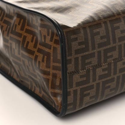 Fendi Glazed Fabric Vitello Century Plexiglass FF 1974 Stamp Patch Medium Runaway Shopper Tote Mogano Panna Black 8 of 10