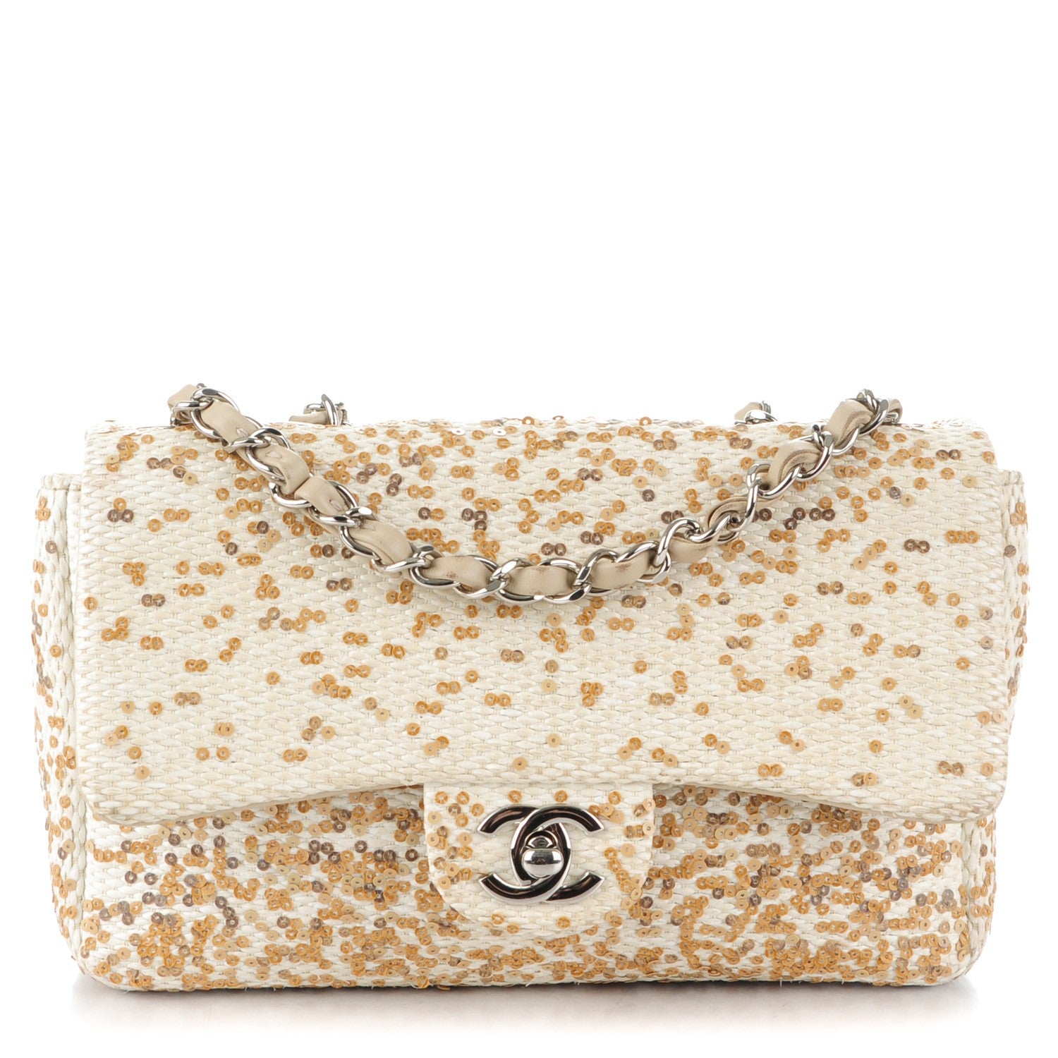Chanel Raffia Sequin Small Single Flap Beige Gold 1 of 9