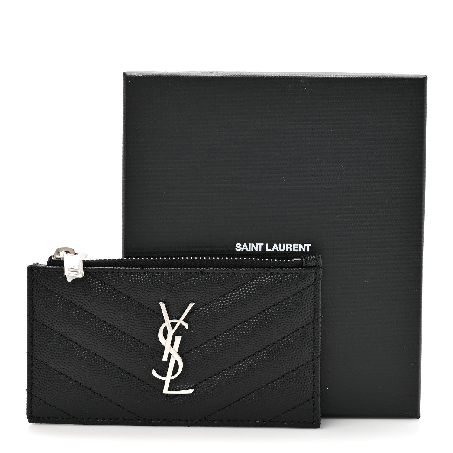 Saint Laurent Grain De Poudre Matelasse Chevron Monogram Fragments Zippered Card Case Black 8 of 8