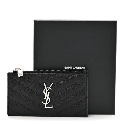 Saint Laurent Grain De Poudre Matelasse Chevron Monogram Fragments Zippered Card Case Black 8 of 8