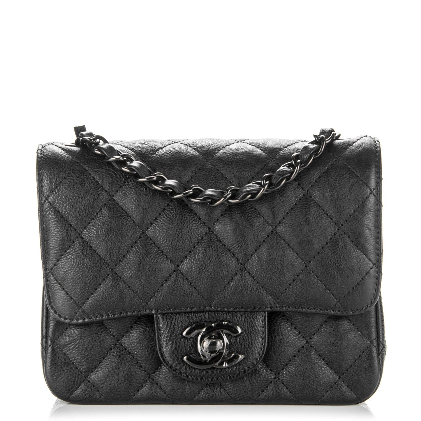 Crumpled Calfskin Quilted Mini Square Flap So Black