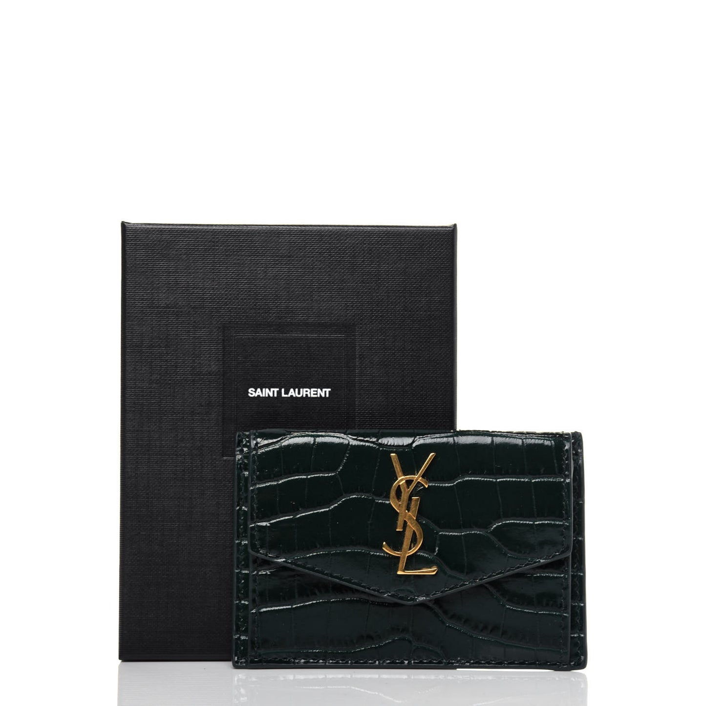Calfskin Crocodile Embossed Uptown Monogram Card Case Dark Green
