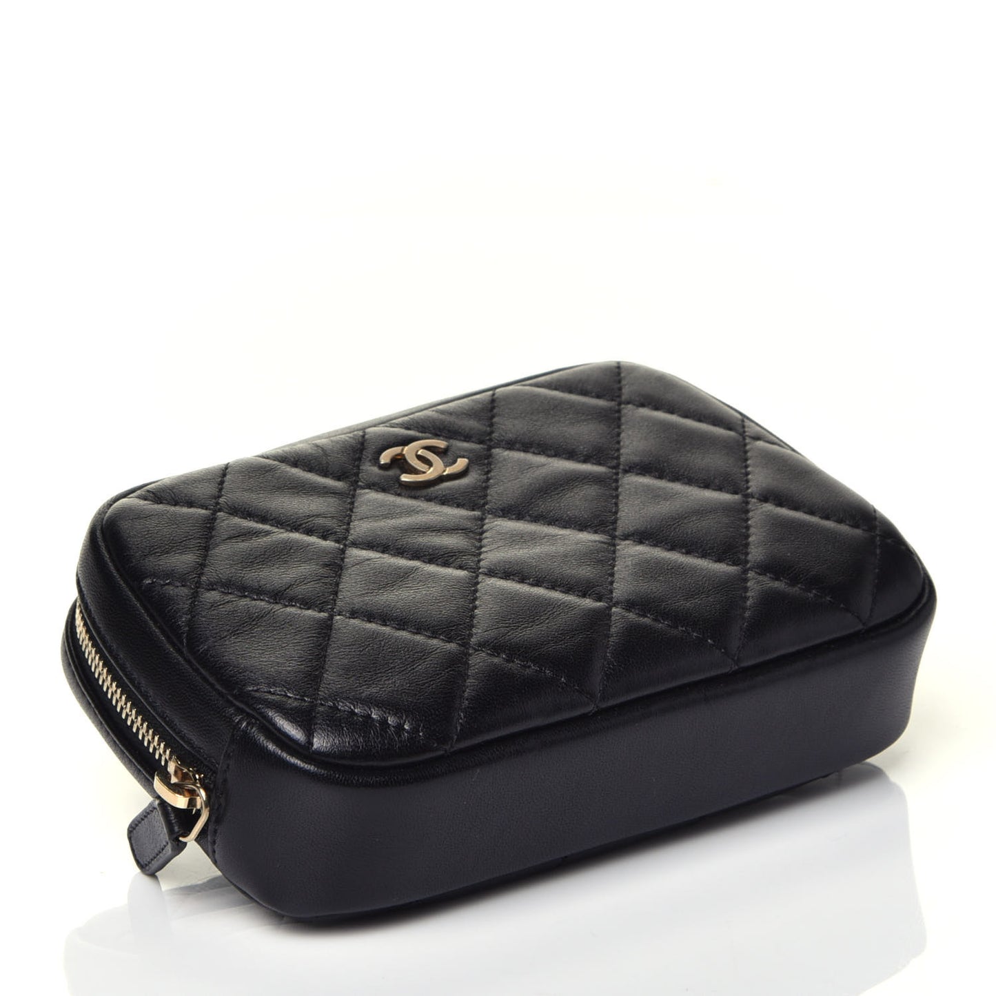 Lambskin Quilted Small Curvy Pouch Cosmetic Case Black