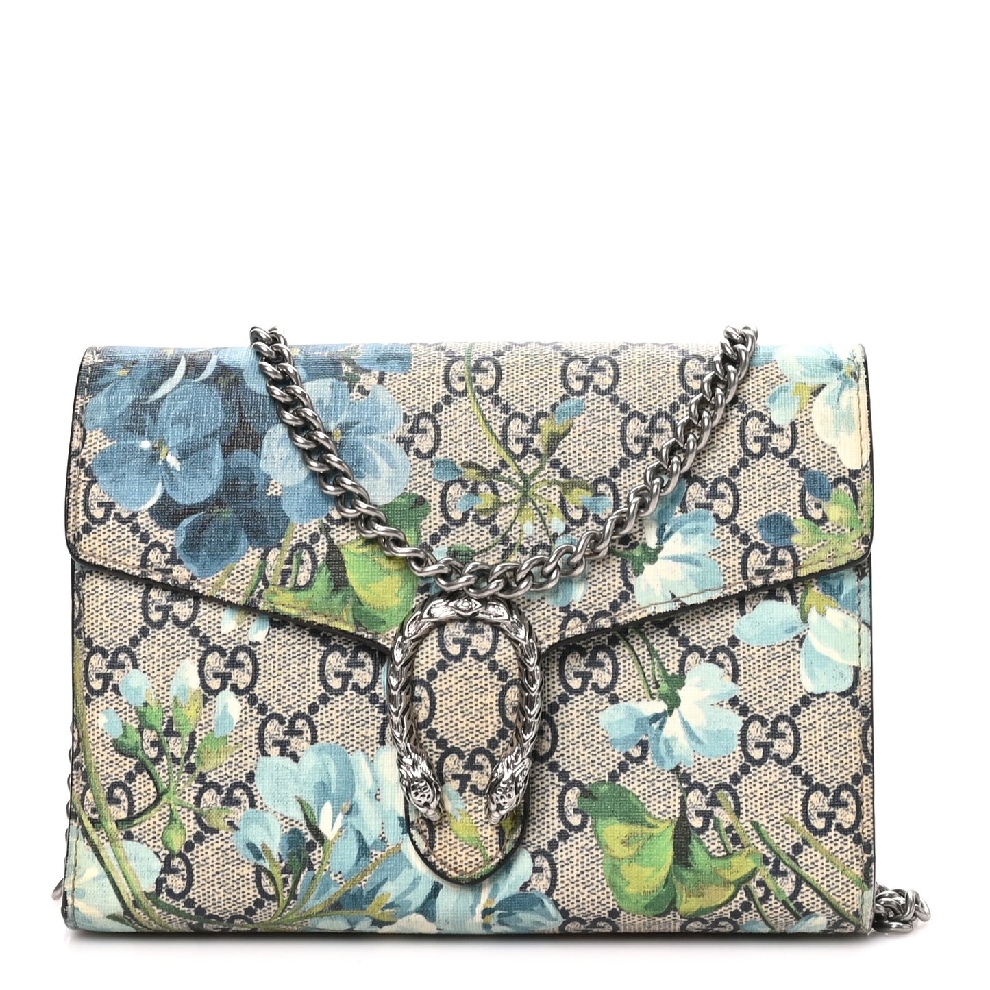 GG Supreme Monogram Blooms Mini Dionysus Chain Wallet Beige Blue Navy Vintage Blue