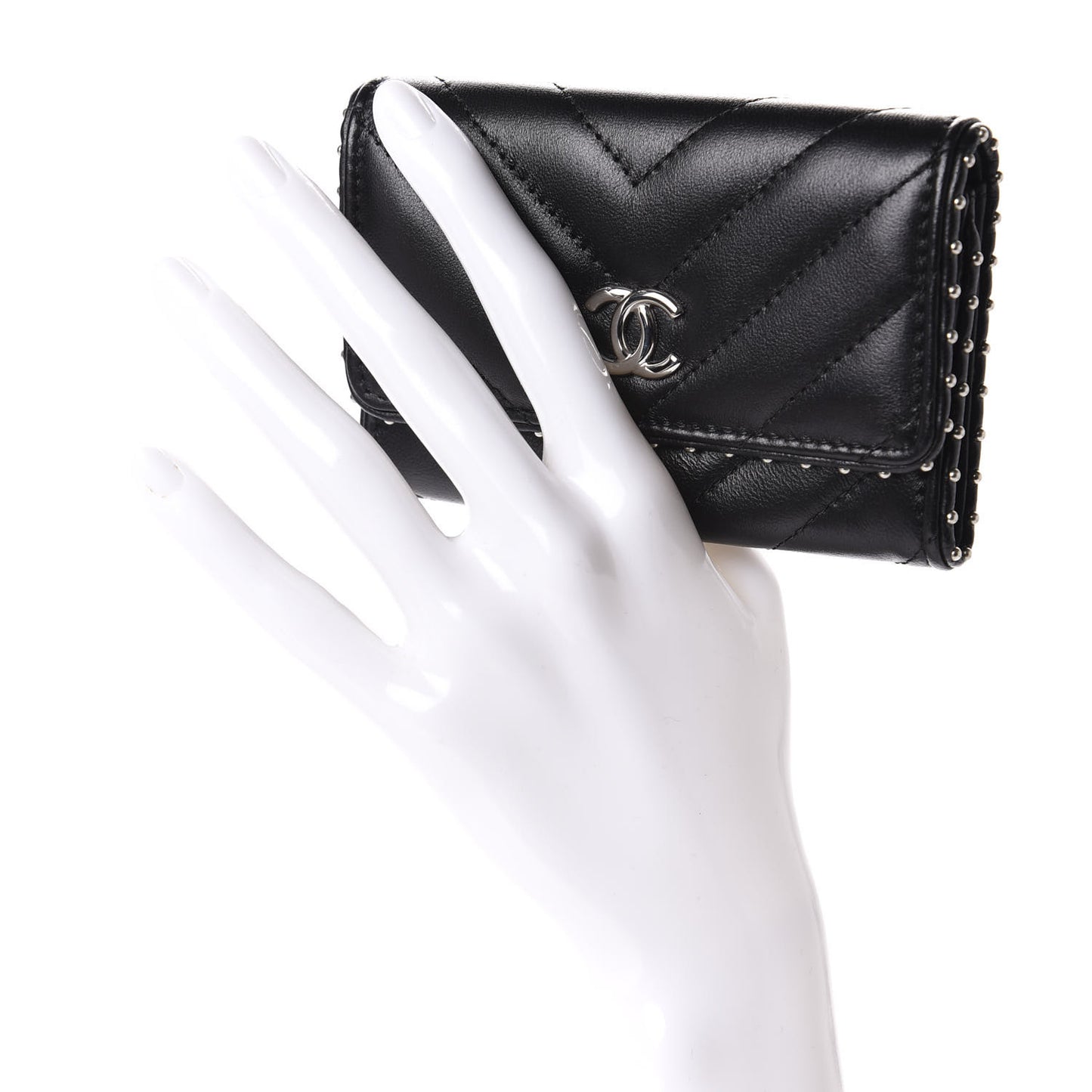 Lambskin Chevron Quilted Studded Card Holder Black