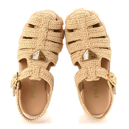 Prada Yarn Raffia Effect Metal Triangle Logo Crochet Monolith 55mm Cage Sandals 35 Naturale 2 of 10