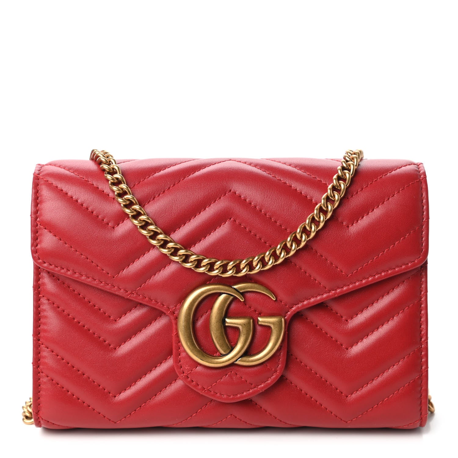 Gucci Calfskin Matelasse GG Marmont Chain Wallet Hibiscus Red 1 of 12