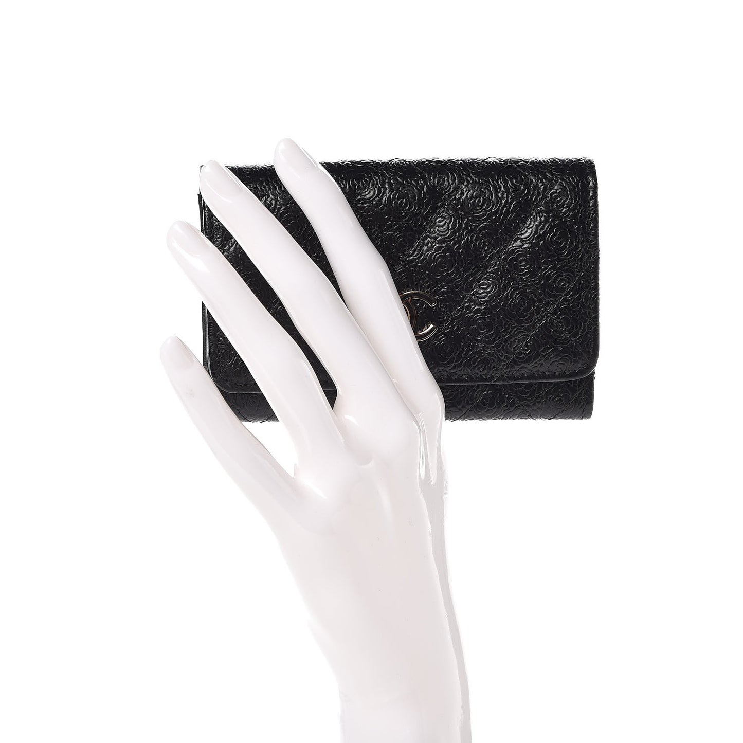 Calfskin Camellia Embossed Quilted Card Holder Black