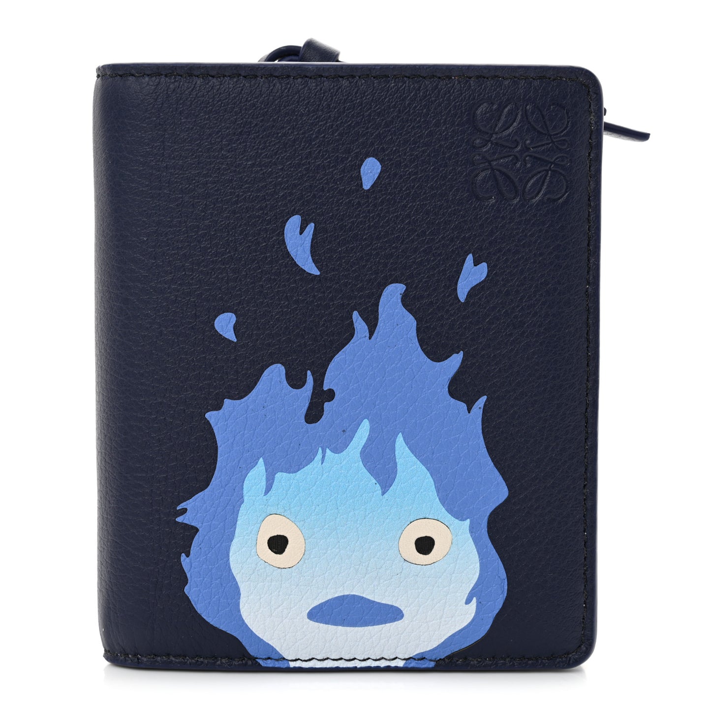 X HOWLS MOVING CASTLE Satin Calfskin Calcifer Compact Zip Wallet Marine
