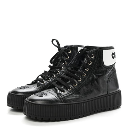 Chanel Aged Calfskin Lace Up Cap Toe Sneakers 40 Black White 3 of 8