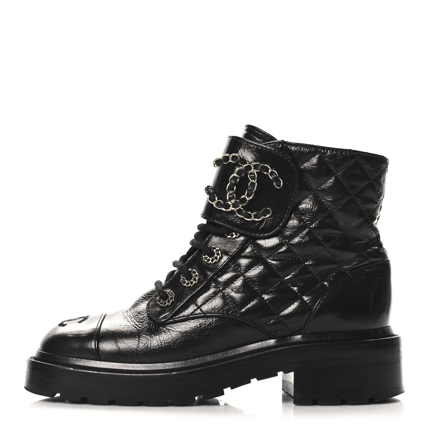 Chanel Shiny Calfskin Quilted Lace Up Combat Boots 35 Black 1 of 9