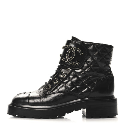 Chanel Shiny Calfskin Quilted Lace Up Combat Boots 35 Black 1 of 9