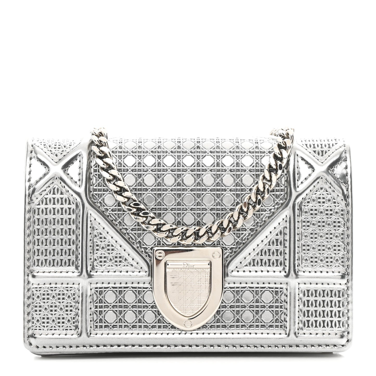 Metallic Patent Micro-Cannage Baby Diorama Flap Bag Silver
