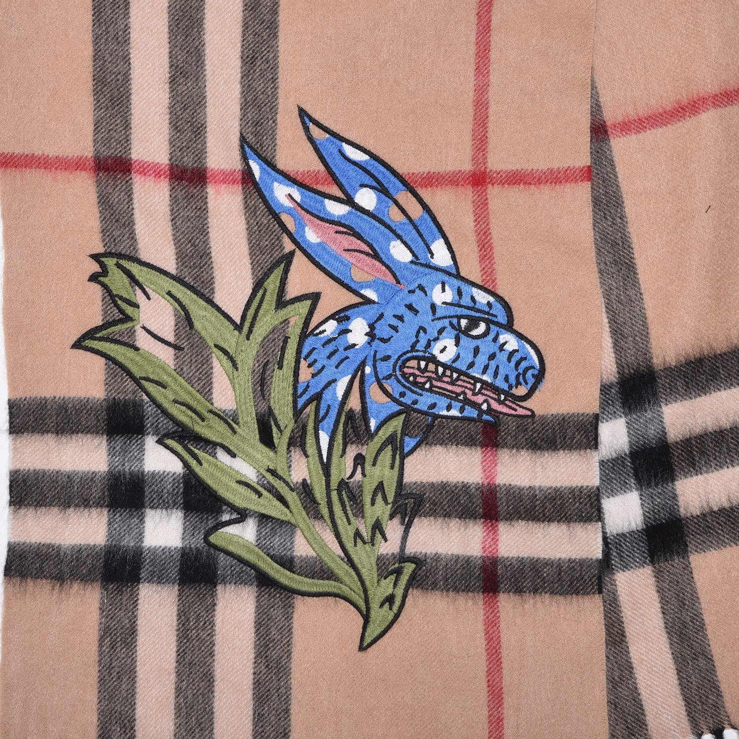 Burberry Cashmere Embroidered Oscar Giant Check Fringe Scarf Camel 4 of 7