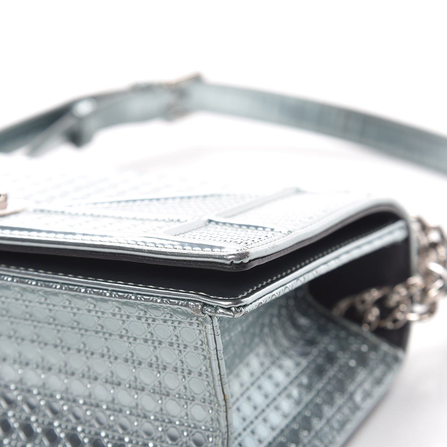 Metallic Patent Micro-Cannage Small Diorama Flap Bag Azur