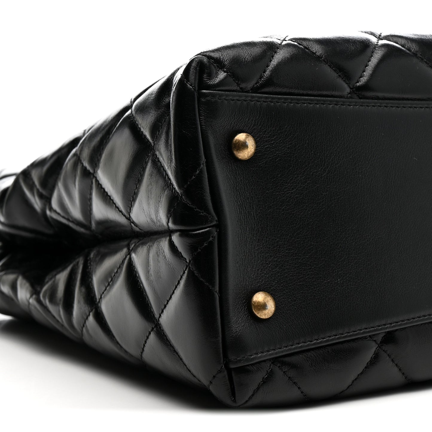 Glazed Calfskin Quilted Gold Bar Tote Black