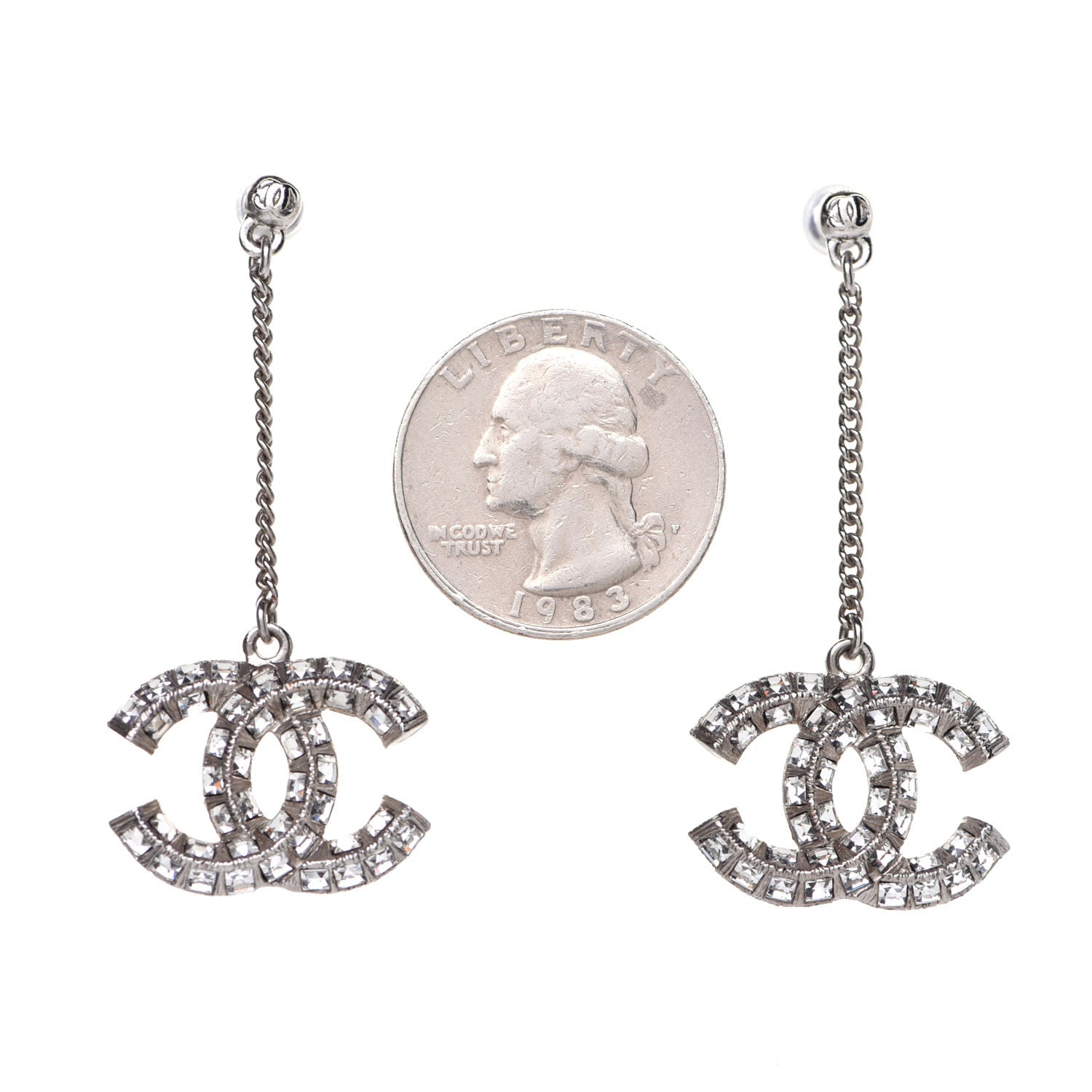 Chanel Baguette Crystal CC Drop Earrings Silver 2 of 7