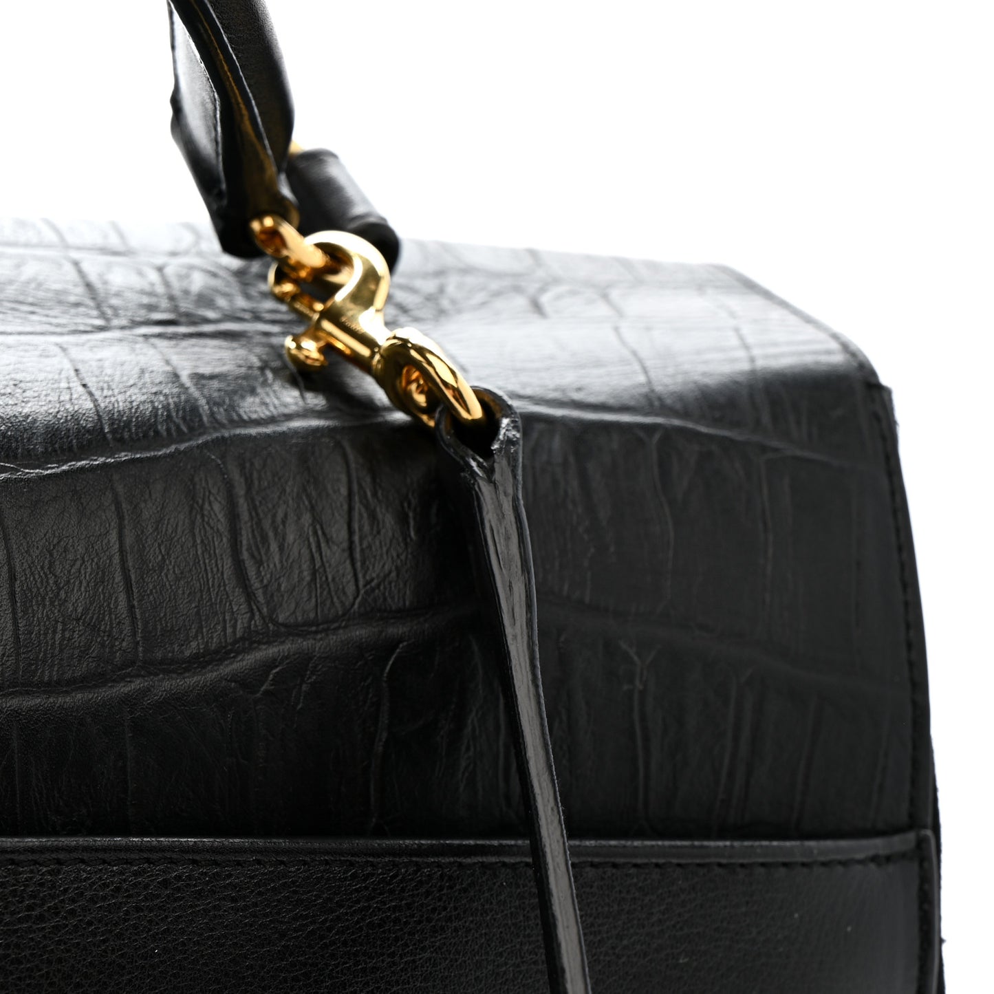 Calfskin Crocodile Embossed Medium Moujik Top Handle Bag Black