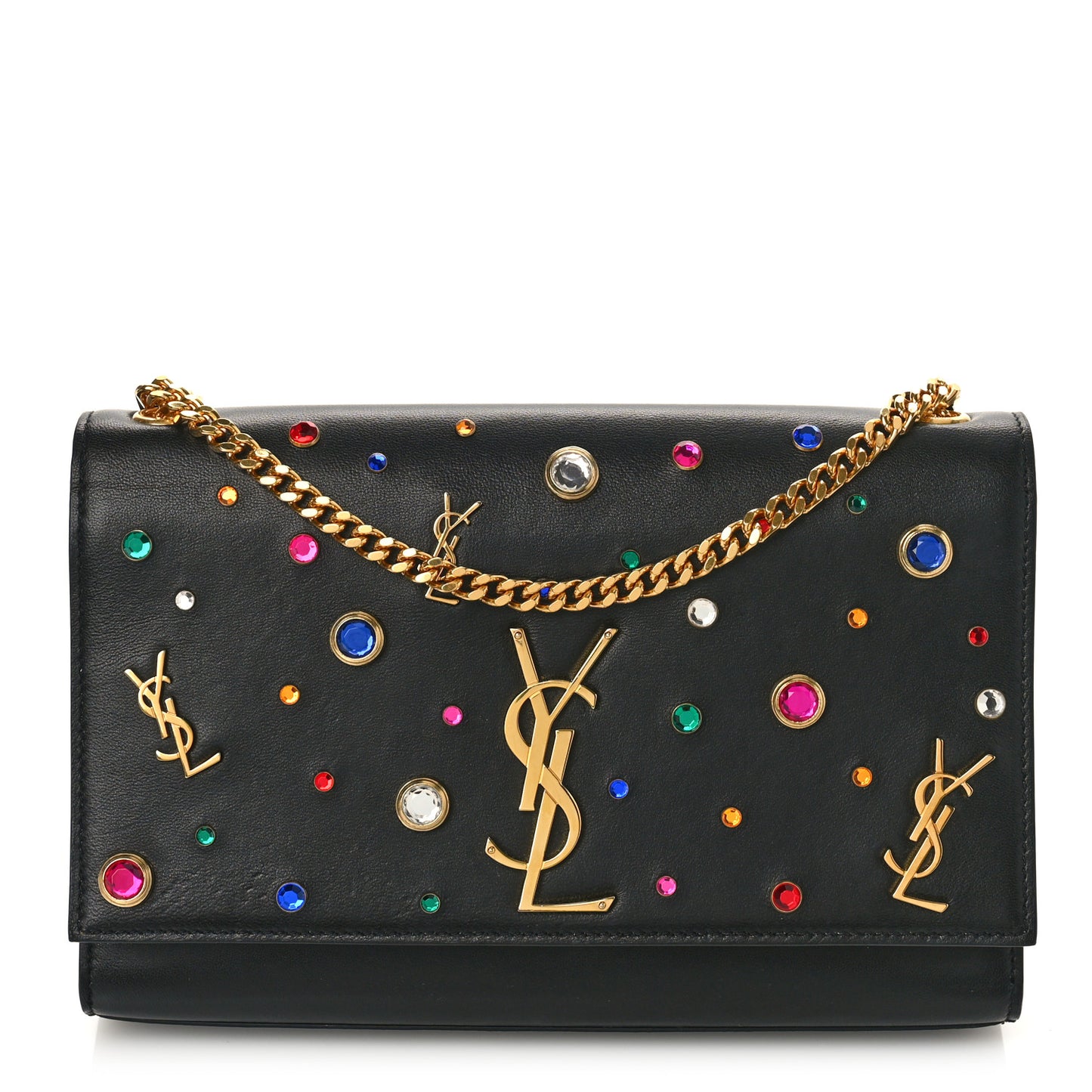 Calfskin Crystal Medium Monogram Kate Satchel Black