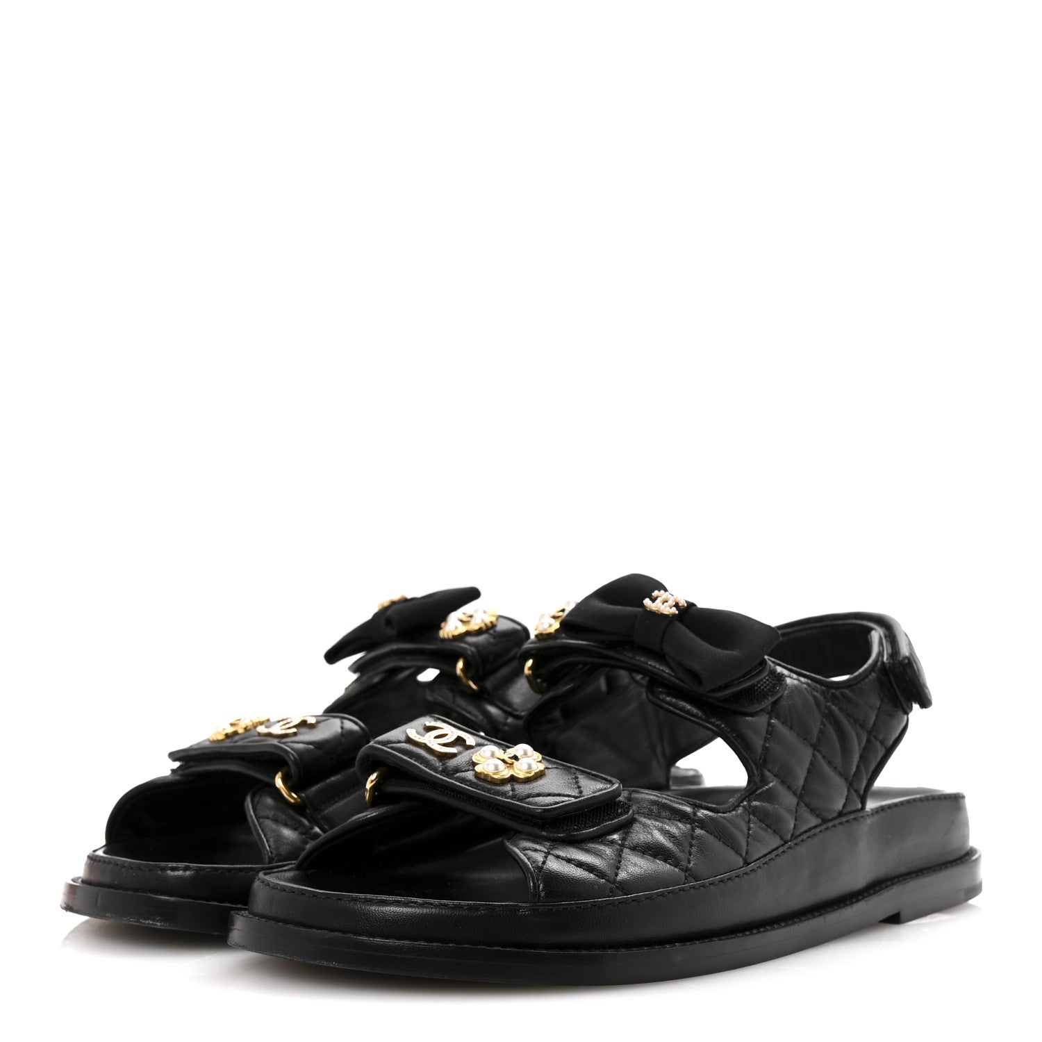 Chanel Lambskin Velcro CC Pearl Bow Dad Sandals 38 Black 4 of 10