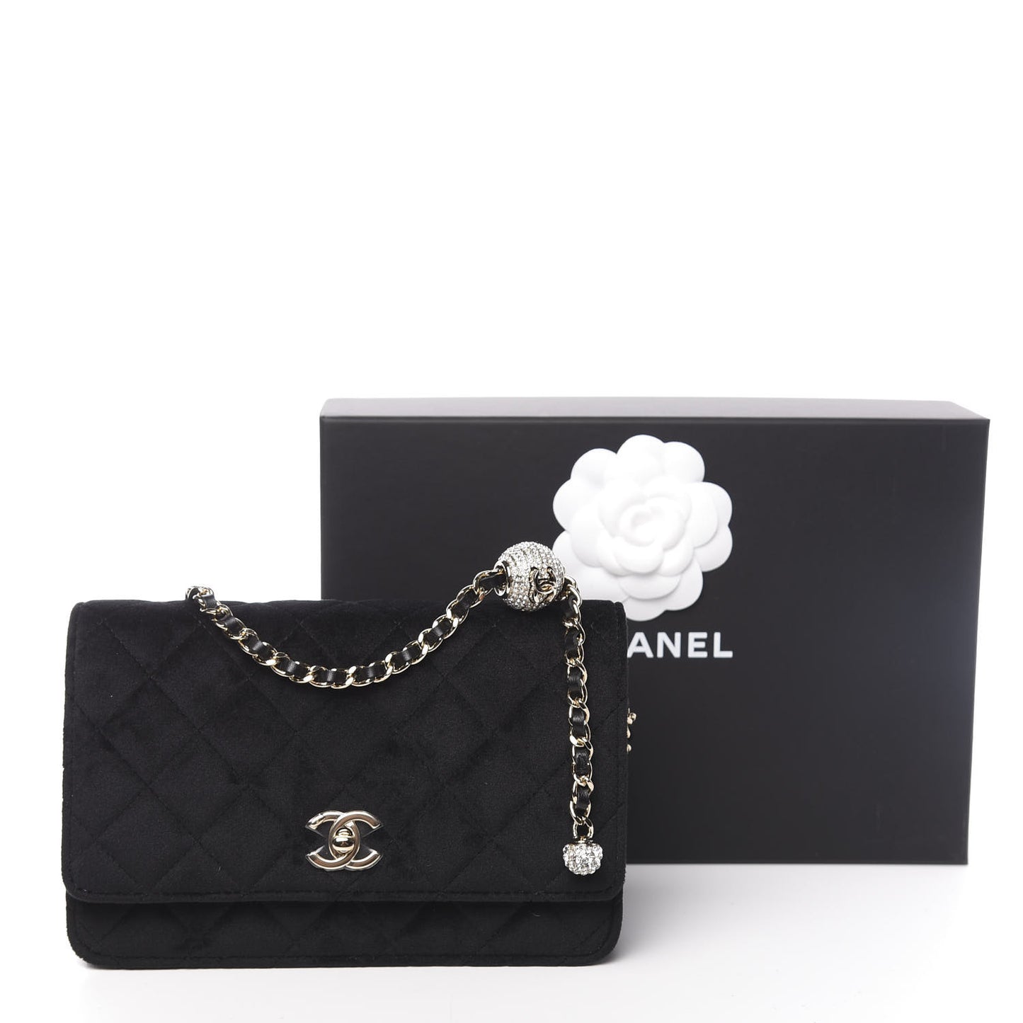 Velvet Quilted Pearl Crush Wallet On Chain WOC Black