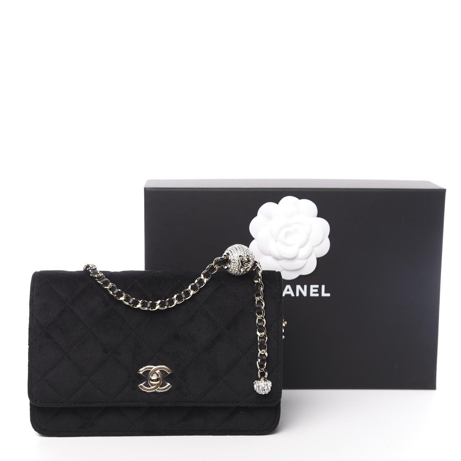 Chanel Velvet Quilted Pearl Crush Wallet On Chain WOC Black 12 of 12