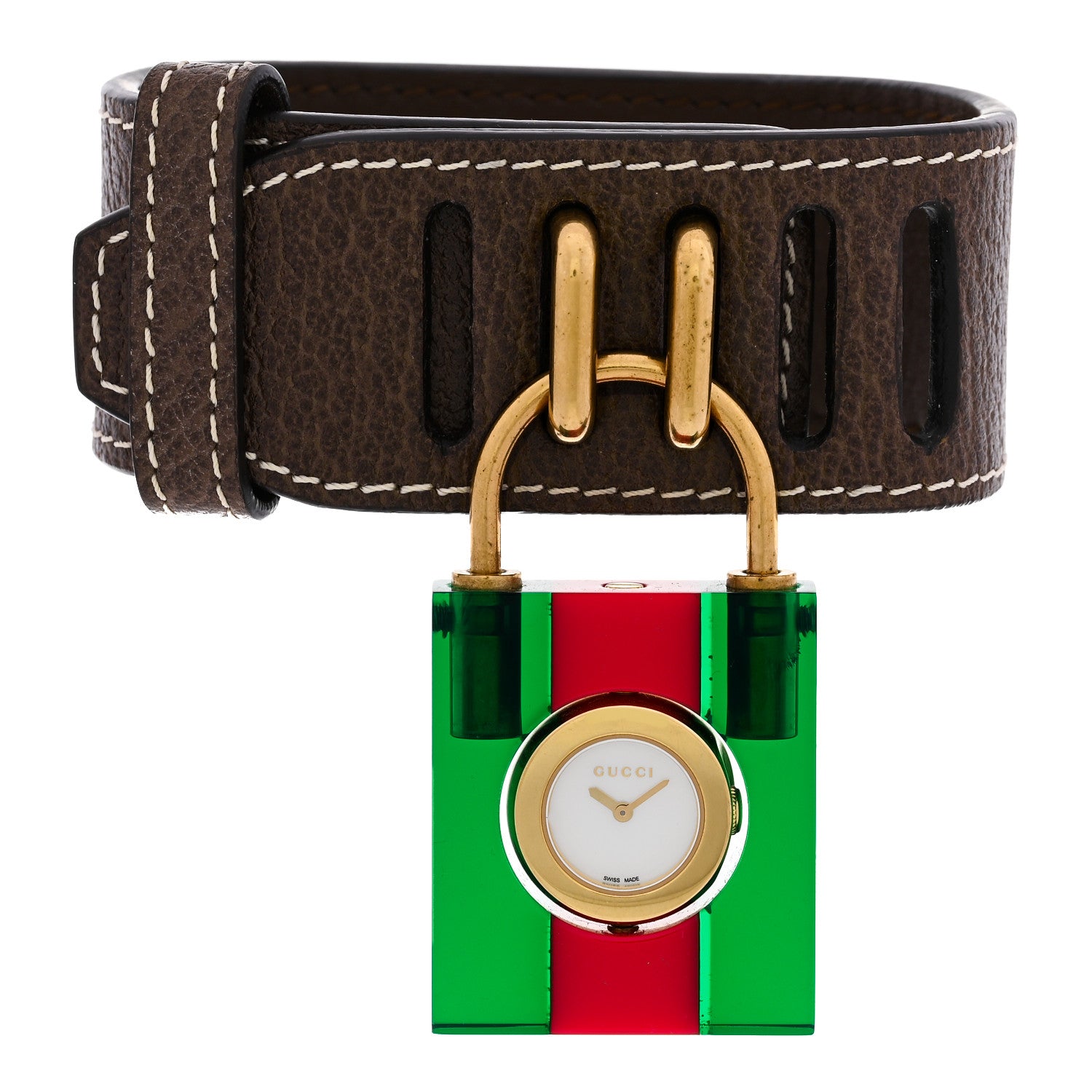 Gucci Stainless Steel Plexiglass Calfskin Mother of Pearl 30mm Twirl Lock Quartz Watch 2 of 5