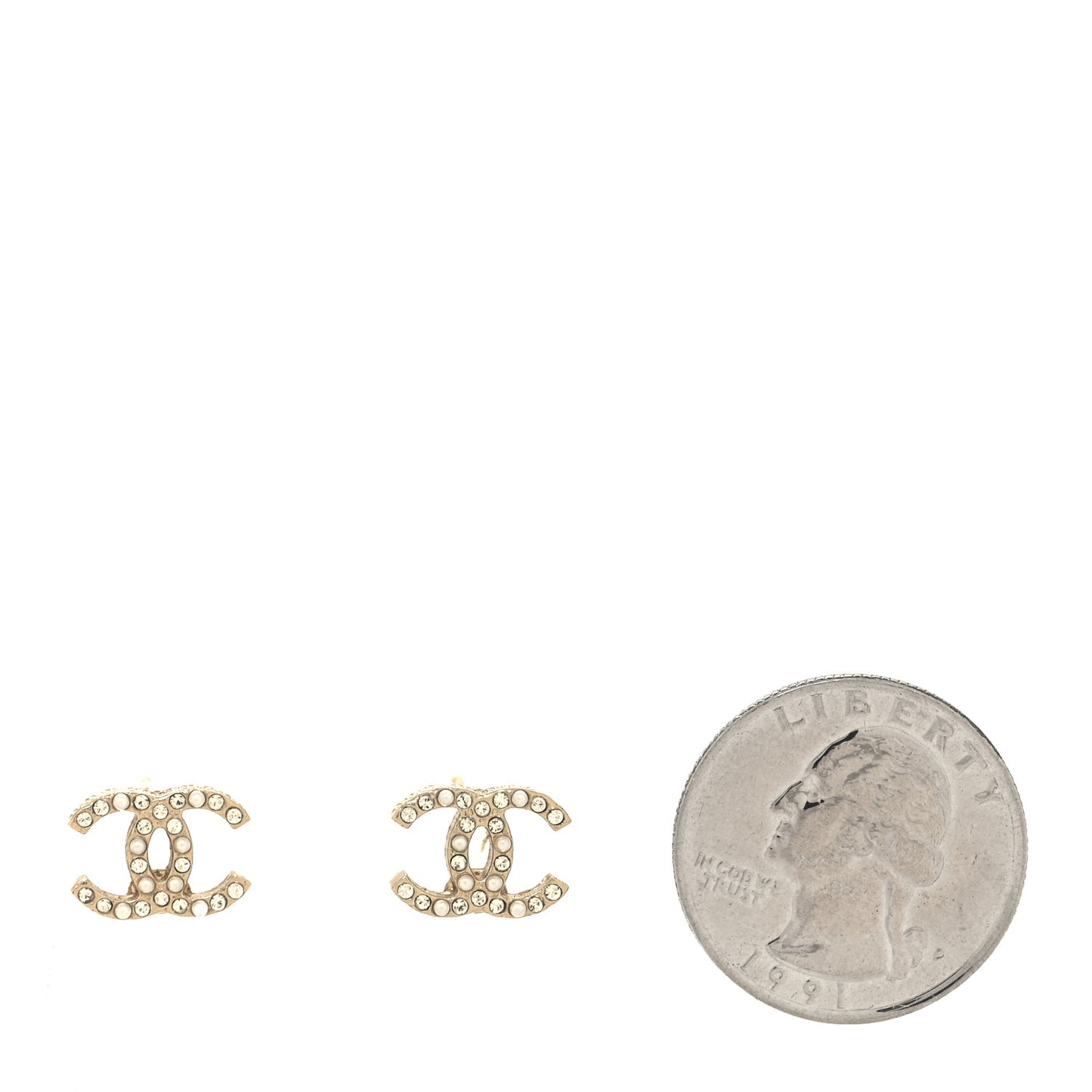 Pearl Crystal CC Charms Stud Earrings Light Gold