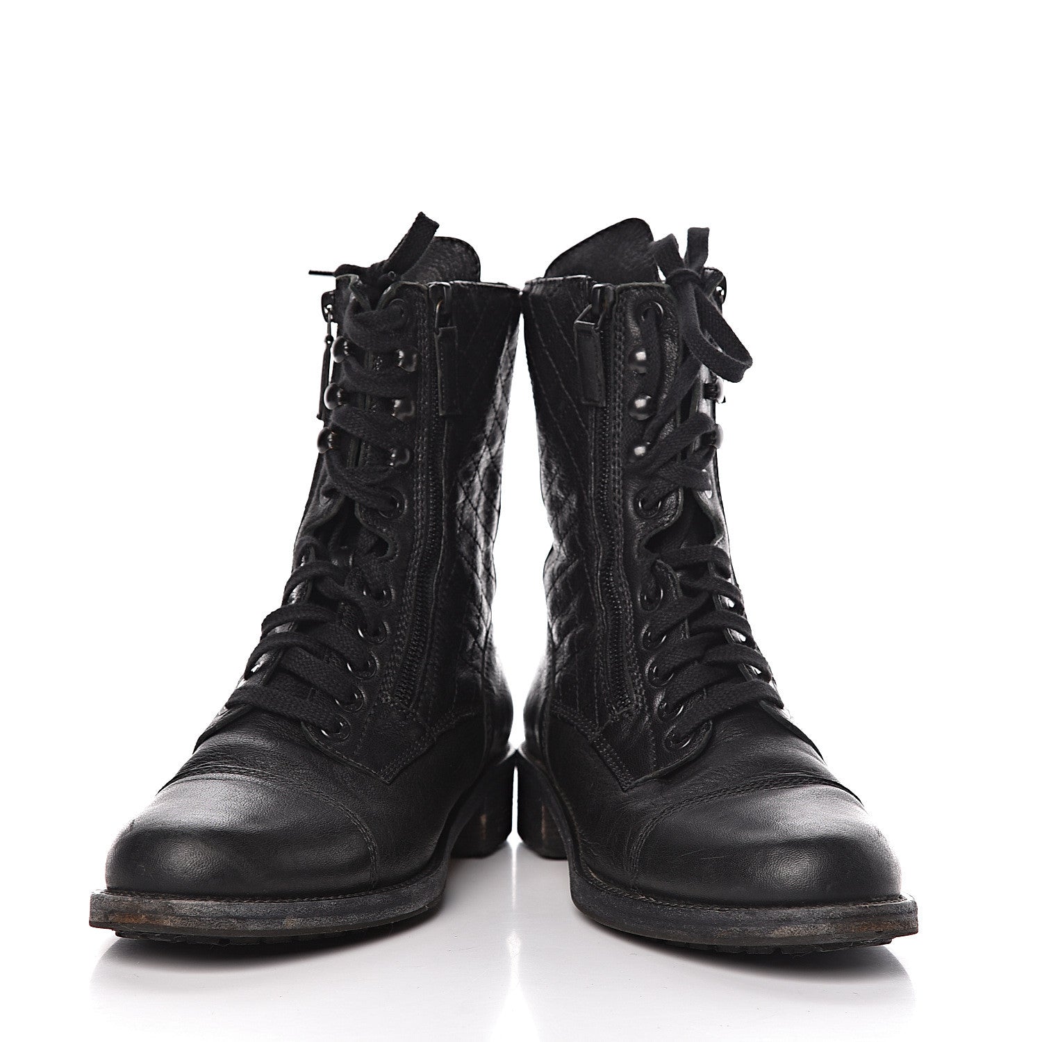 Chanel Sheepskin Quilted CC Tall Lace Up Combat Boots 40 Black 6 of 9
