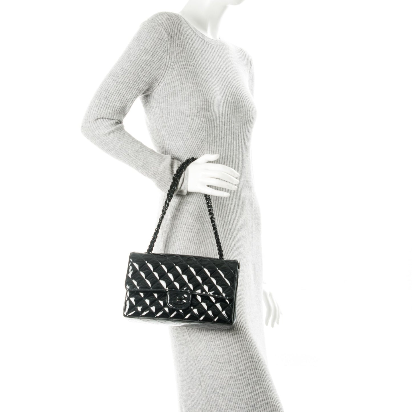 Patent Quilted Medium Double Flap Black