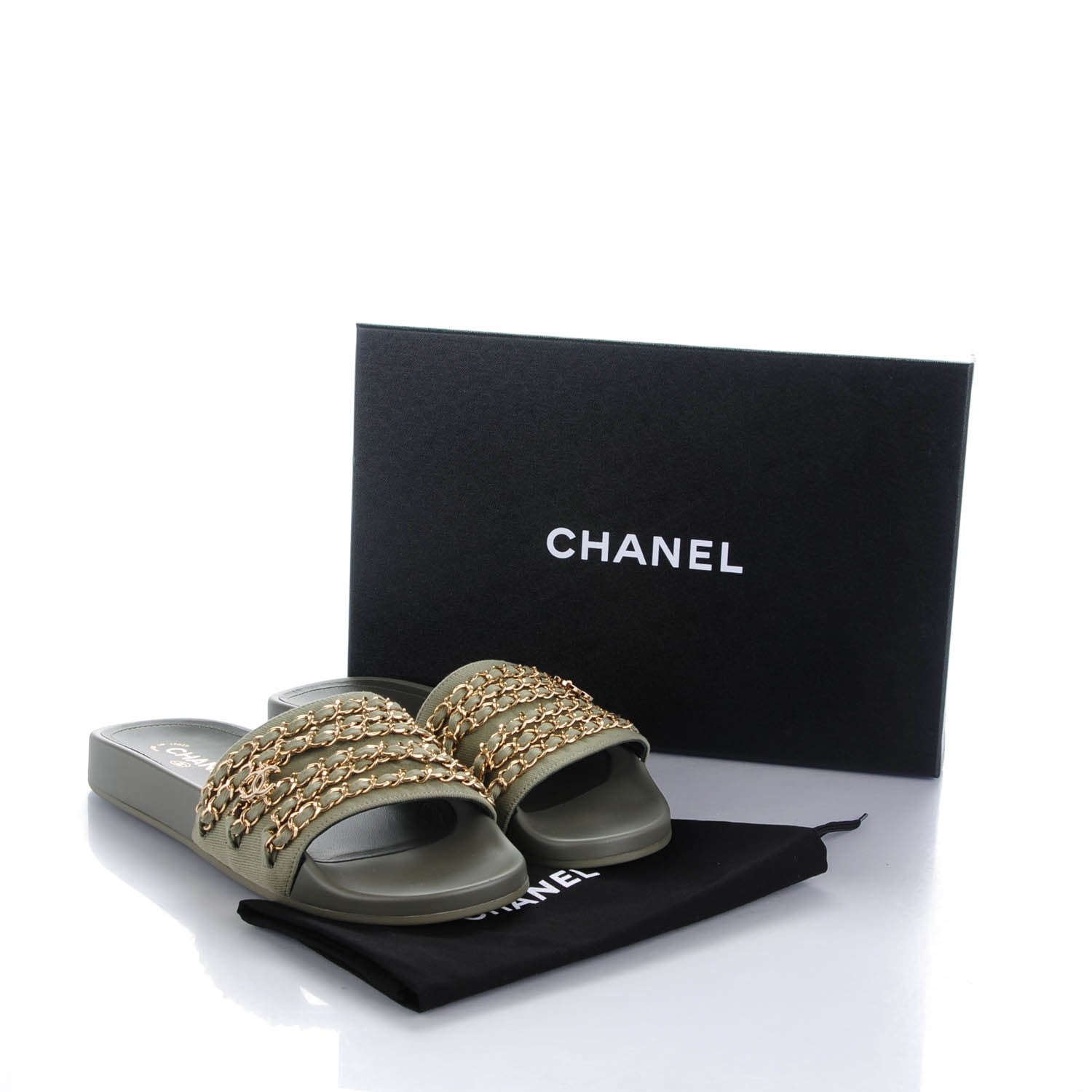 Chanel Lambskin Canvas Chain Flat Sandals 39 Green 8 of 8