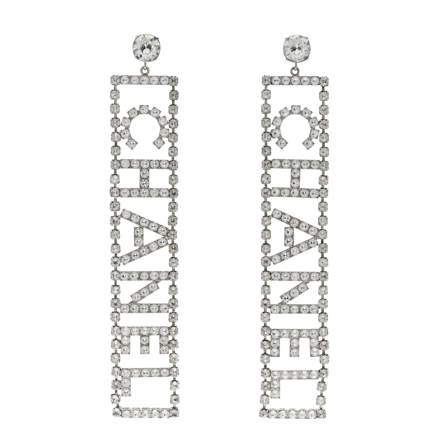 Crystal Chanel Logo Drop Earrings Silver