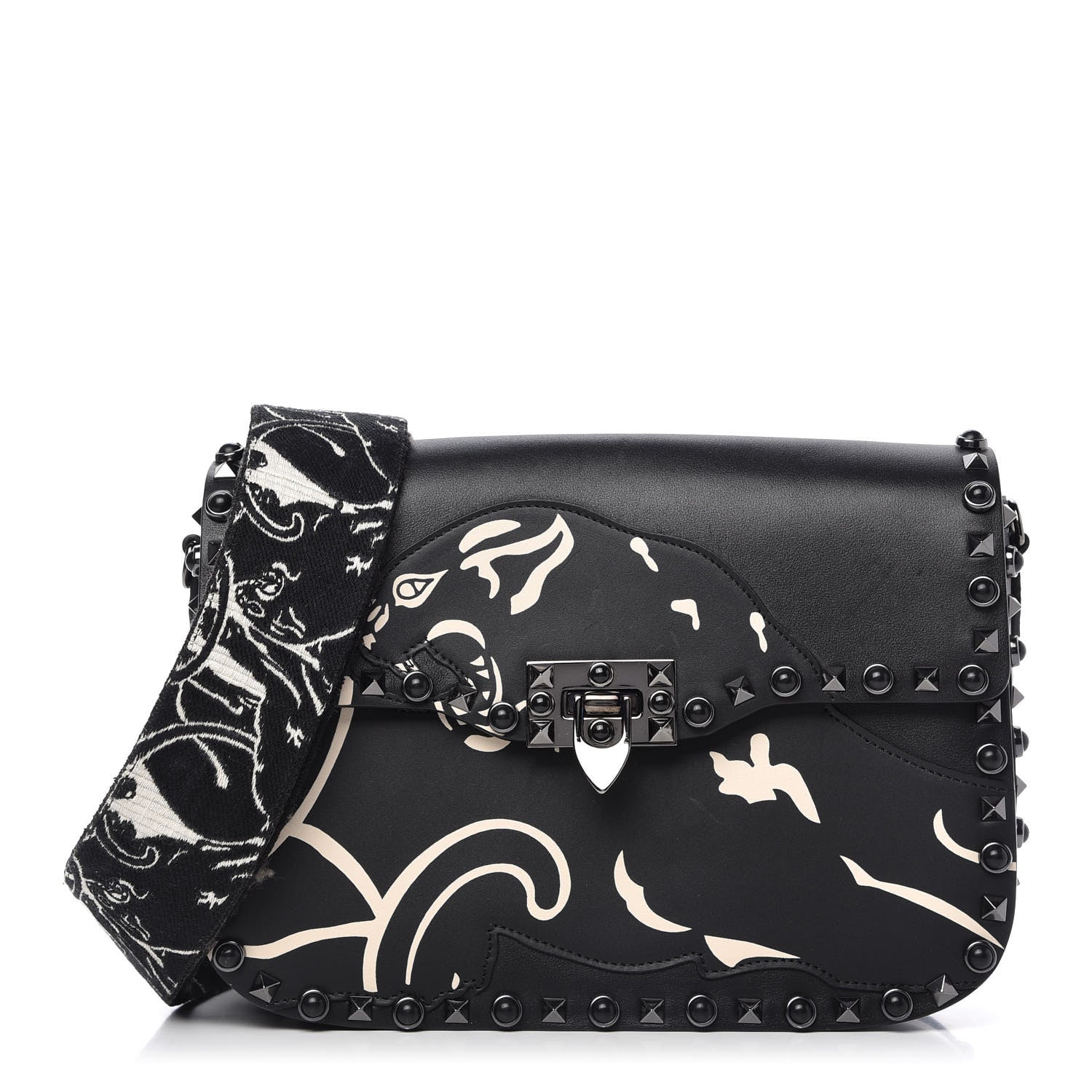 Valentino Garavani Calfskin Panther Medium Guitar Strap Rockstud Rolling Flap Saddle Bag Black 1 of 9