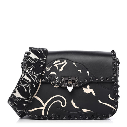 Valentino Garavani Calfskin Panther Medium Guitar Strap Rockstud Rolling Flap Saddle Bag Black 1 of 9