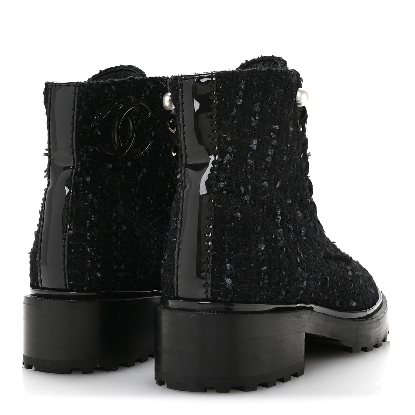 Tweed Patent Calfskin Pearl Combat Short Boots 37  Black Grey Blue