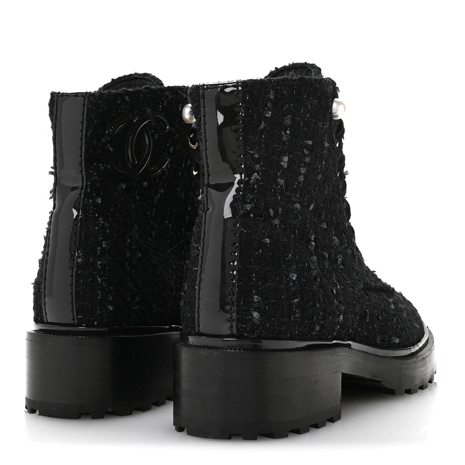 Chanel Tweed Patent Calfskin Pearl Combat Short Boots 37  Black Grey Blue 5 of 8