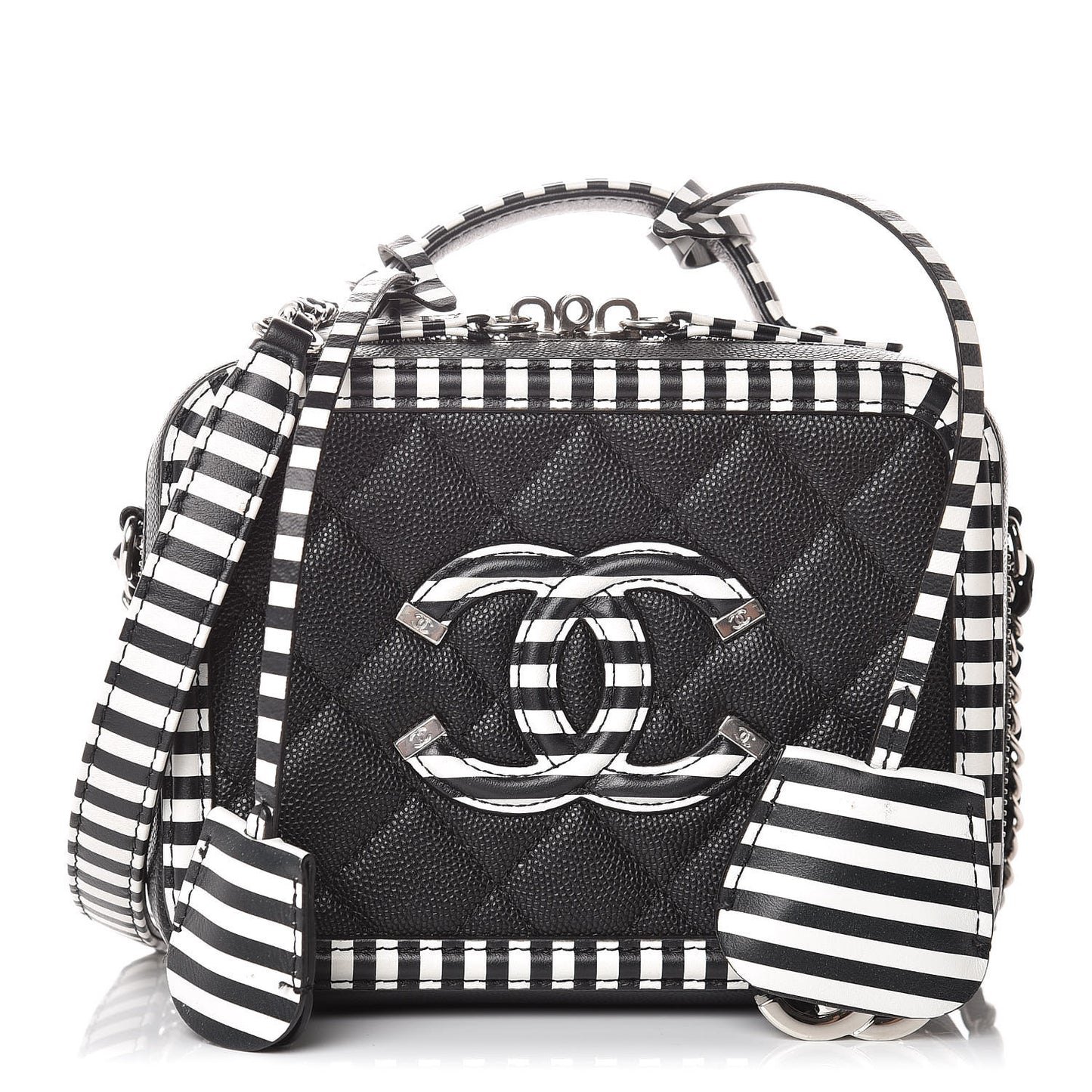 Caviar Quilted Striped Small CC Filigree Vanity Case Black White