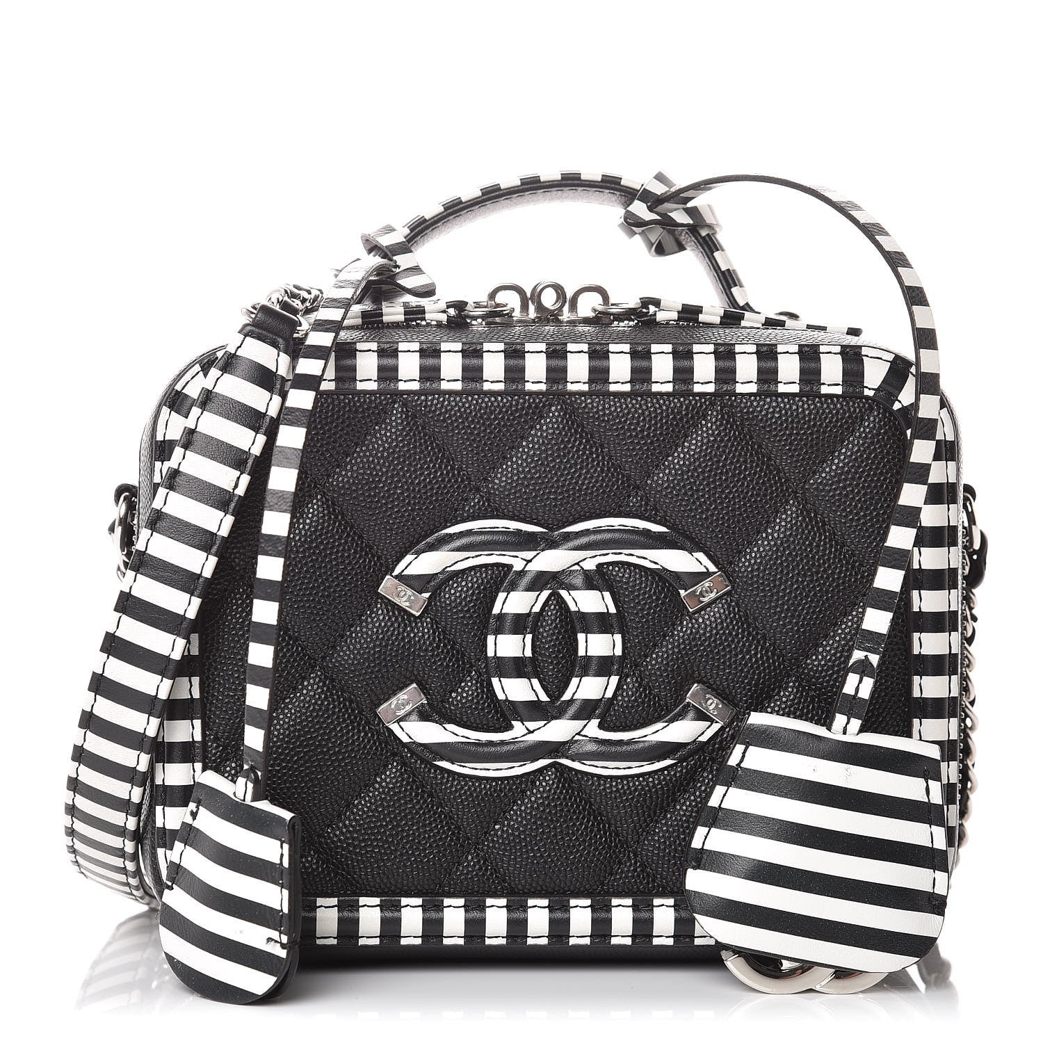 Chanel Caviar Quilted Striped Small CC Filigree Vanity Case Black White 1 of 8