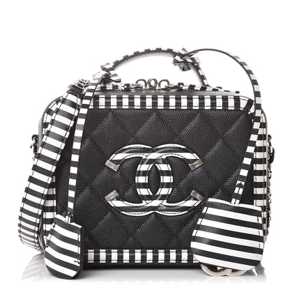 Chanel Caviar Quilted Striped Small CC Filigree Vanity Case Black White 1 of 8