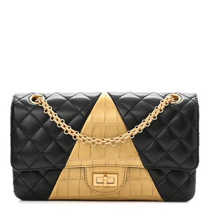 Chanel Lambskin Metallic Calfskin Crocodile Embossed 2.55 Cocodile Reissue 225 Flap Black Gold 1 of 10